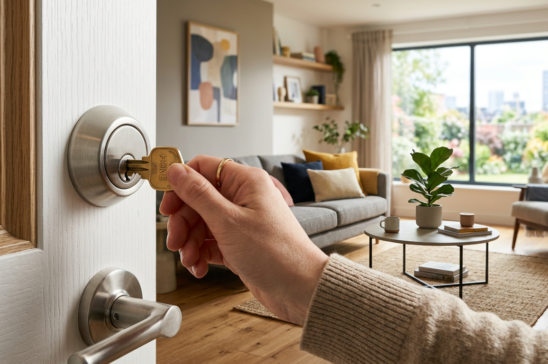 Hand an neuer Wohnungstür beim Öffnen mit Blick auf modernes helles Wohnen